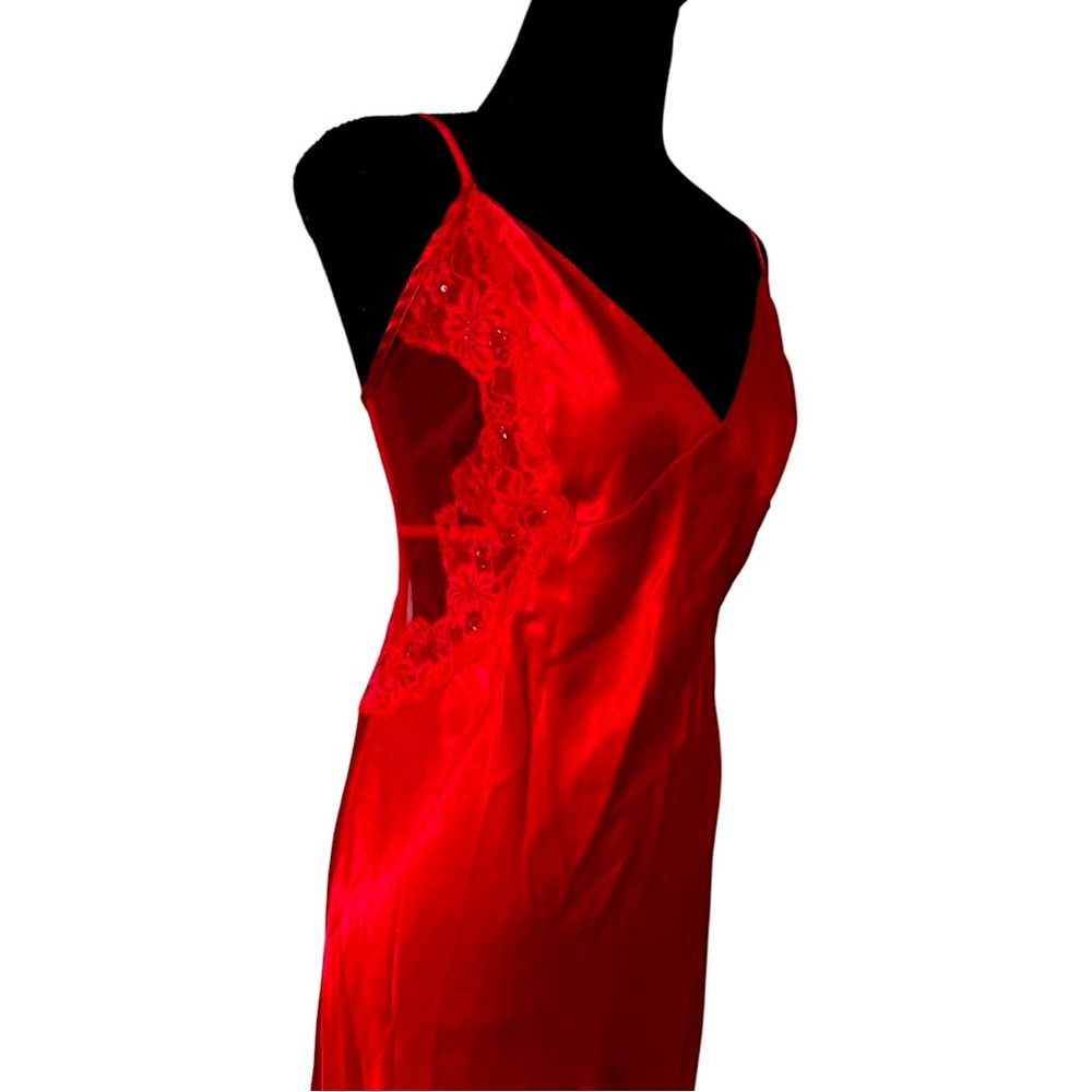 Vintage 90s Y2K Victoria's Secret Long Red Satin Lace Slip Dress Backless Sheer - Picture 8 of 8